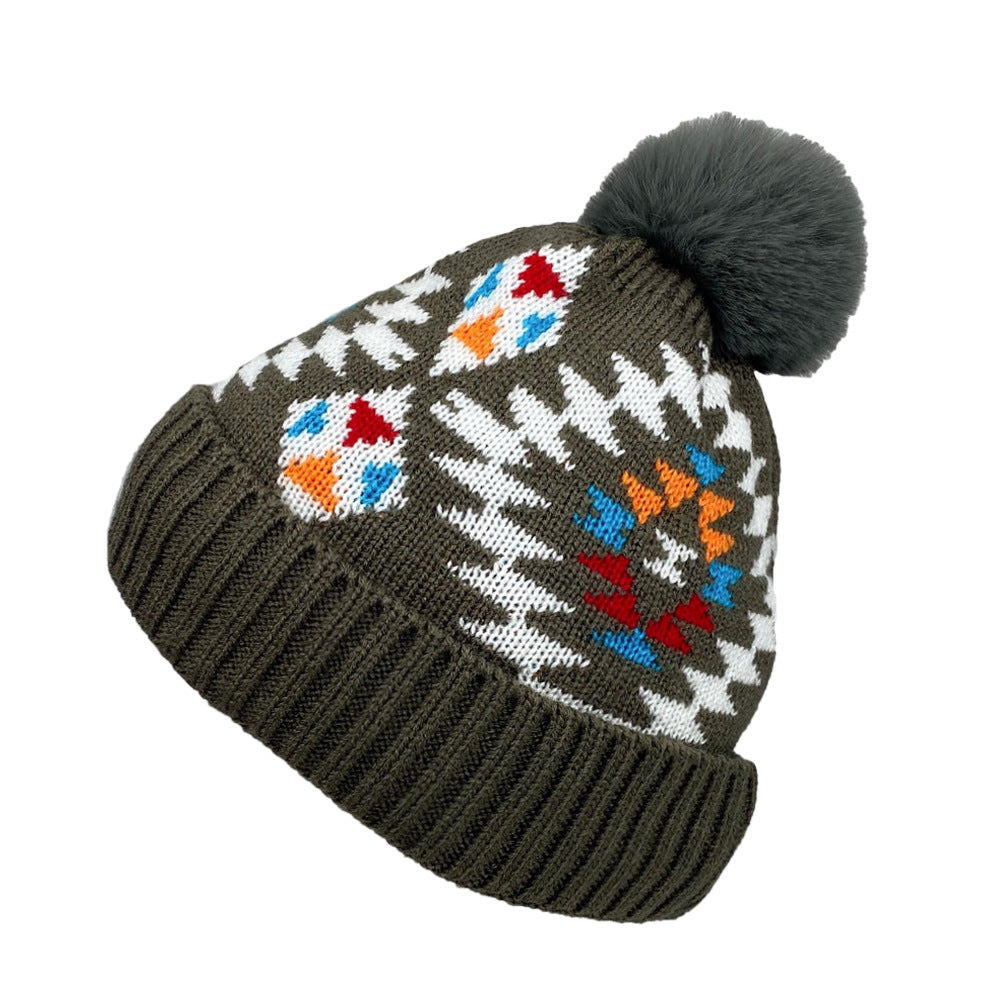 Wholesale Autumn and Winter Plush Women's Aztec Pattern Warm Wool Ball Knitted Wool Hat
